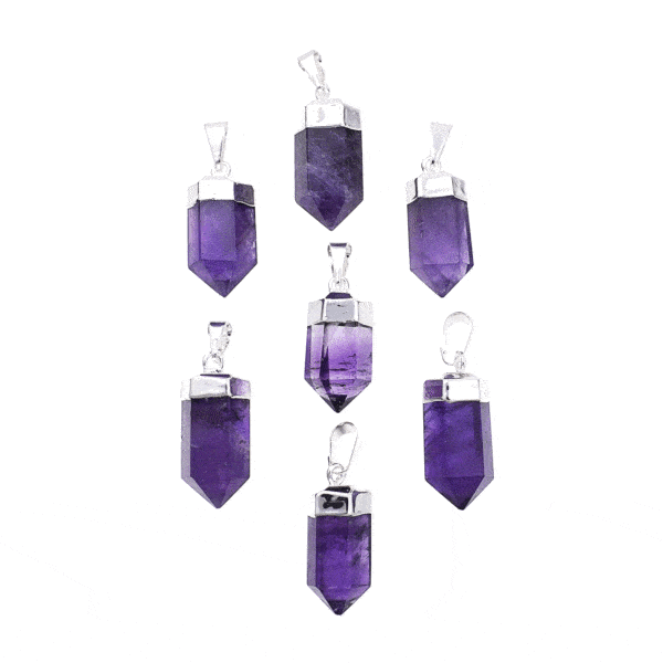 Pendant made of silver plated hypoallergenic metal and natural amethyst gemstone. Buy online shop.