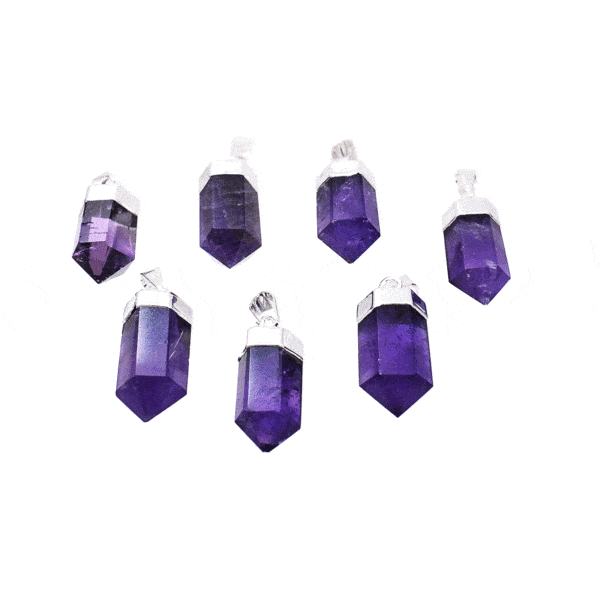 Pendant made of silver plated hypoallergenic metal and natural amethyst gemstone. Buy online shop.