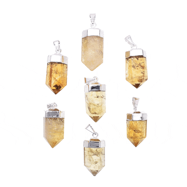 Pendant made of silver plated hypoallergenic metal and natural citrine quartz gemstone. Buy online shop.