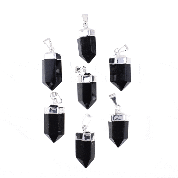 Pendant made of silver plated hypoallergenic metal and natural obsidian gemstone. Buy online shop.