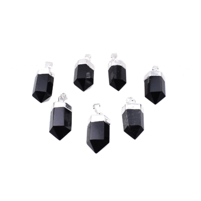 Pendant made of silver plated hypoallergenic metal and natural obsidian gemstone. Buy online shop.