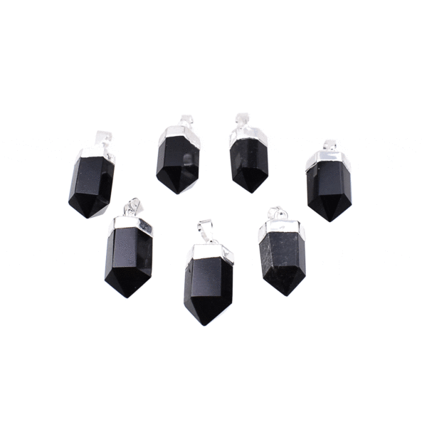 Pendant made of silver plated hypoallergenic metal and natural obsidian gemstone. Buy online shop.