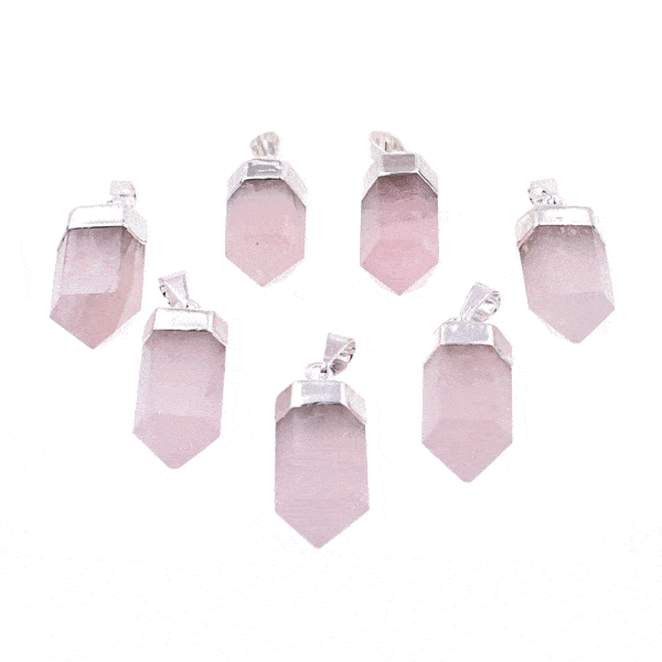 Pendant made of silver plated hypoallergenic metal and natural rose quartz gemstone. Buy online shop.