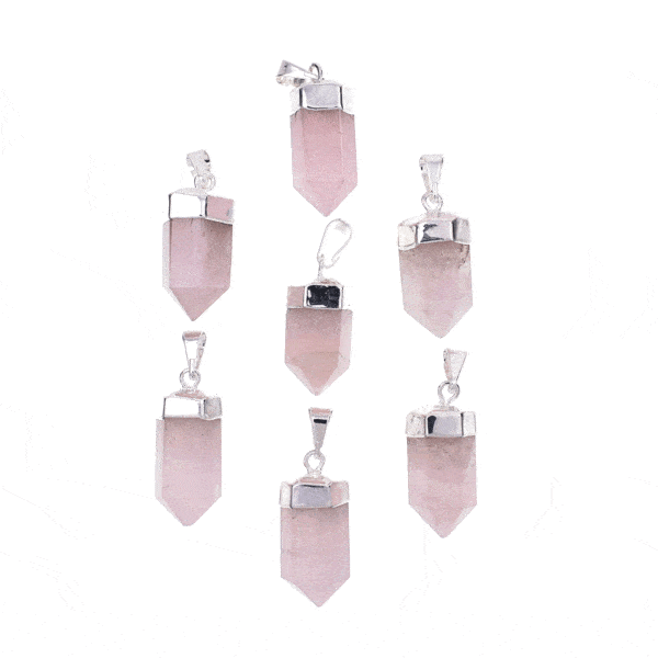 Pendant made of silver plated hypoallergenic metal and natural rose quartz gemstone. Buy online shop.