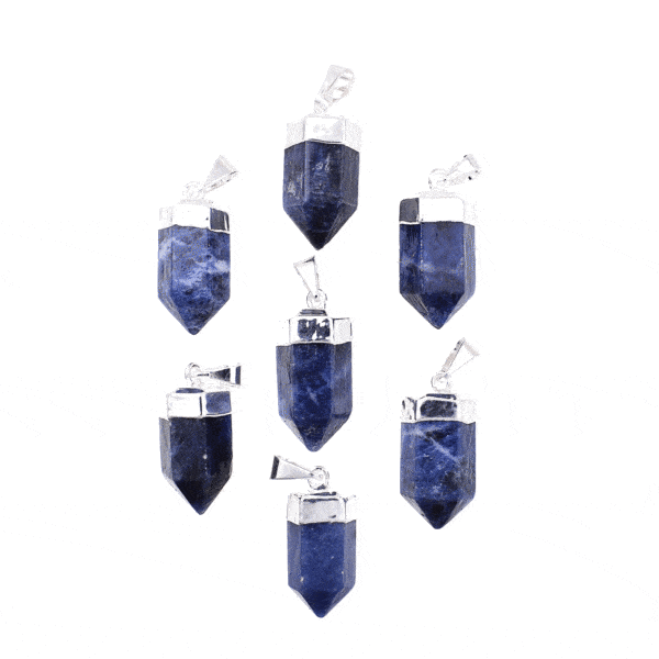 Pendant made of silver plated hypoallergenic metal and natural sodalite gemstone. Buy online shop.