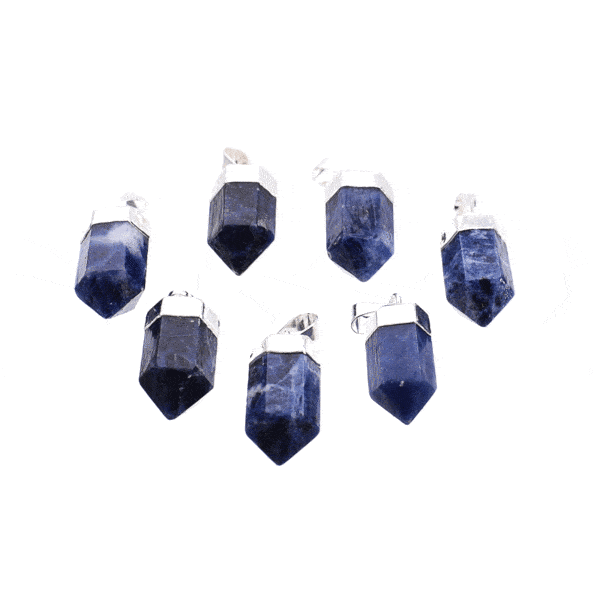 Pendant made of silver plated hypoallergenic metal and natural sodalite gemstone. Buy online shop.