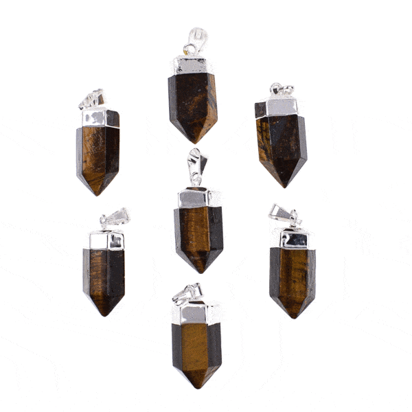 Pendant made of silver plated hypoallergenic metal and natural tiger's eye gemstone. Buy online shop.