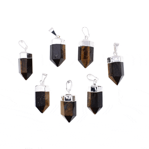 Pendant made of silver plated hypoallergenic metal and natural tiger's eye gemstone. Buy online shop.