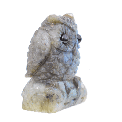 Handcarved 4cm owl made from high quality natural labradorite gemstone. Buy online shop.