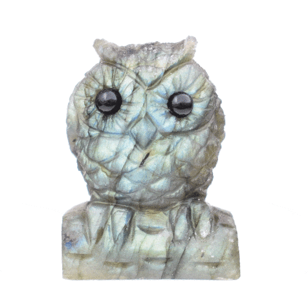 Handcarved 4cm owl made from high quality natural labradorite gemstone. Buy online shop.