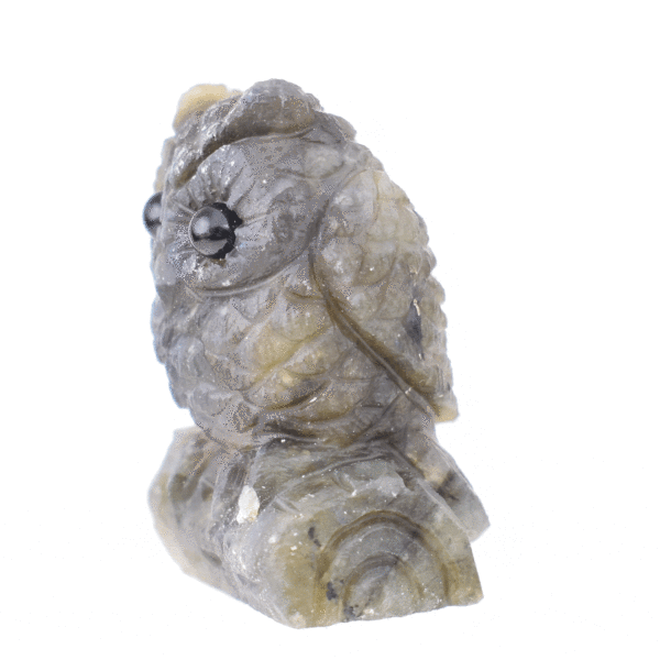 Handcarved 4cm owl made from high quality natural labradorite gemstone. Buy online shop.