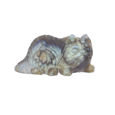 Χειροποίητη σκαλιστή γάτα από φυσική πέτρα Λαμπραδορίτη μεγέθους 5,5cm. Αγοράστε online shop.