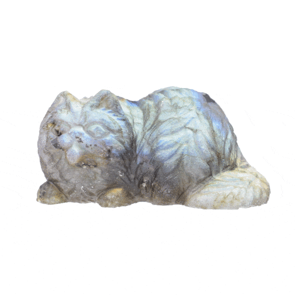 Handcarved cat made of natural Labradorite gemstone, with a height of 3cm. Buy online shop.