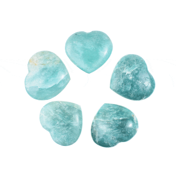 Small handcrafted polished 4cm hearts made from natural amazonite gemstone. Buy online shop.