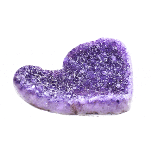 Handcrafted 11cm heart made from natural amethyst gemstone with polished outline. Buy online shop.