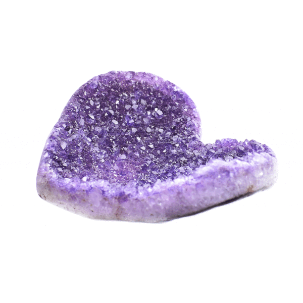 Handcrafted 11cm heart made from natural amethyst gemstone with polished outline. Buy online shop.