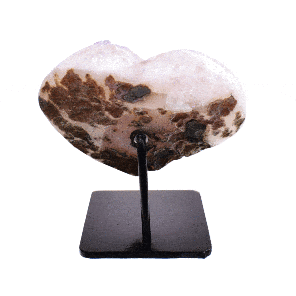 Heart made from natural amethyst gemstone with polished outline. The heart is embedded into a black, metallic base and the product has a height of 7.5cm. Buy online shop.