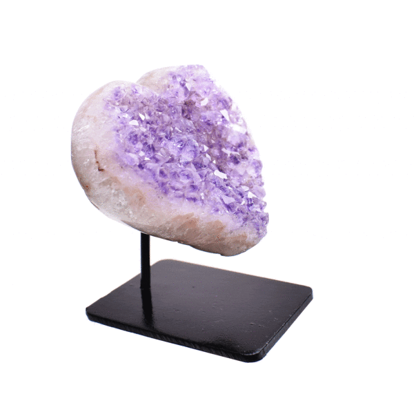 Heart made from natural amethyst gemstone with polished outline. The heart is embedded into a black, metallic base and the product has a height of 7.5cm. Buy online shop.