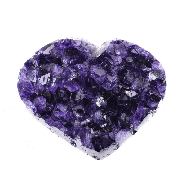 Handcrafted 8.5cm heart made from natural amethyst gemstone with polished outline. Buy online shop.