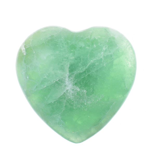 Polished 8cm handcrafted heart made from natural green fluorite gemstone. Buy online shop.