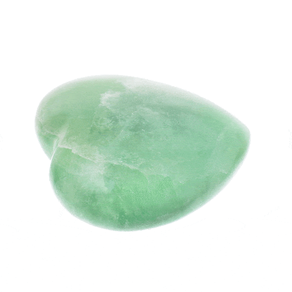 Polished 8cm handcrafted heart made from natural green fluorite gemstone. Buy online shop.