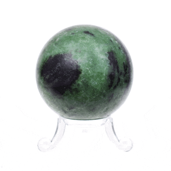 Polished 6cm diameter sphere made from natural anyolite gemstone. The sphere comes with a transparent plexiglass base. Buy online shop.