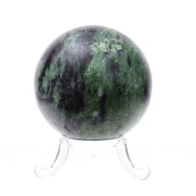 Polished 6cm diameter sphere made from natural anyolite gemstone. The sphere comes with a transparent plexiglass base. Buy online shop.