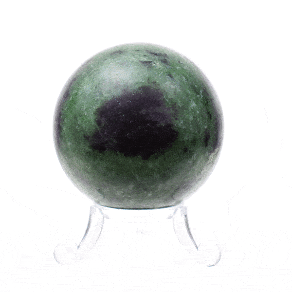 Polished 6cm diameter sphere made from natural anyolite gemstone. The sphere comes with a transparent plexiglass base. Buy online shop.