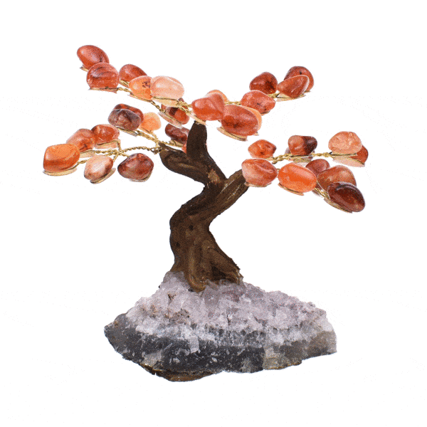Handmade tree with leaves of natural baroque carnelian gemstones and rough amethyst base. The tree has a height of 10cm. Buy online shop.