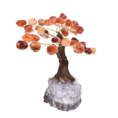 Handmade tree with leaves of natural baroque carnelian gemstones and rough amethyst base. The tree has a height of 10cm. Buy online shop.