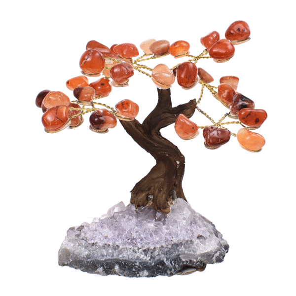 Handmade tree with leaves of natural baroque carnelian gemstones and rough amethyst base. The tree has a height of 10cm. Buy online shop.