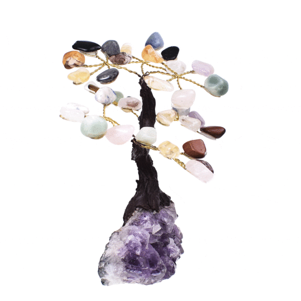 Handmade tree with a base of natural, rough amethyst gemstone and leaves of natural, baroque citrine quartz, amethyst, rose quartz, jasper, sodalite, onyx, carnelian, tiger's eye and blue quartz gemstones. The tree has a height of 13cm. Buy online shop.