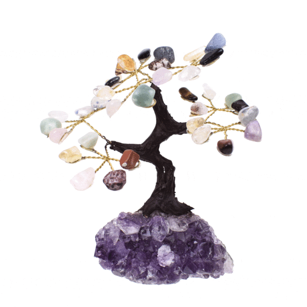 Handmade tree with a base of natural, rough amethyst gemstone and leaves of natural, baroque citrine quartz, amethyst, rose quartz, jasper, sodalite, onyx, carnelian, tiger's eye and blue quartz gemstones. The tree has a height of 13cm. Buy online shop.