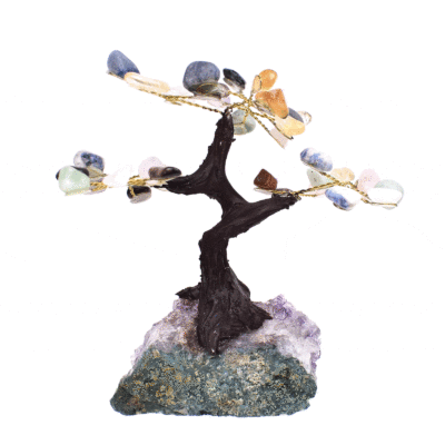 Handmade tree with a base of natural, rough amethyst gemstone and leaves of natural, baroque citrine quartz, amethyst, rose quartz, jasper, sodalite, onyx, carnelian, tiger's eye and blue quartz gemstones. The tree has a height of 13cm. Buy online shop.