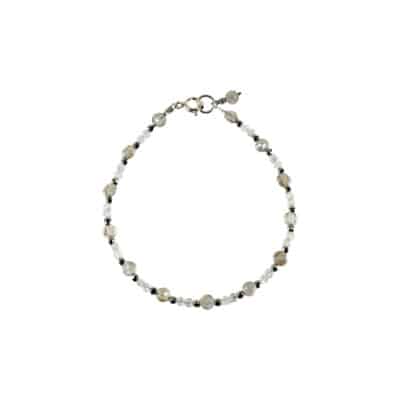 Handmade bracelet made of natural, faceted hematite,white and grey labradorite gemstones, in a spherical and round shapes. The bracelet has a sterling silver clasp. Buy online shop.