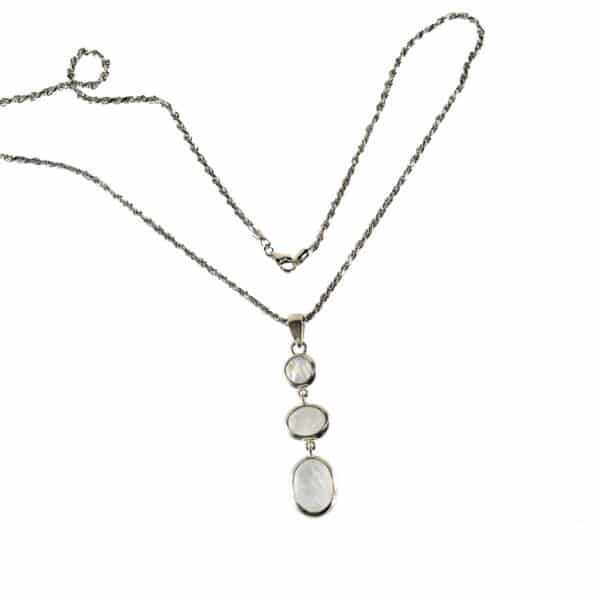 Handmade sterling silver pendant with natural oval and round shaped white labradorite  gemstones. The pendant is threaded on a sterling silver chain. Buy online shop.