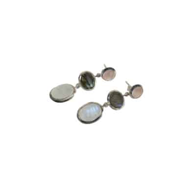 Handmade long sterling silver stud earrings with natural oval shaped grey and white labradorite and round shaped rose quartz gemstones. Buy online shop.