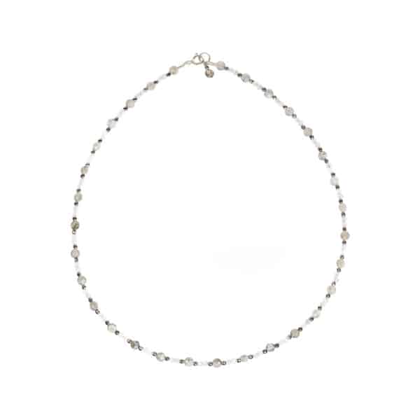 Handmade necklace made of natural, faceted white and grey labradorite and hematite gemstones, in a spherical and round shapes. The necklace has a sterling silver clasp. Buy online shop.