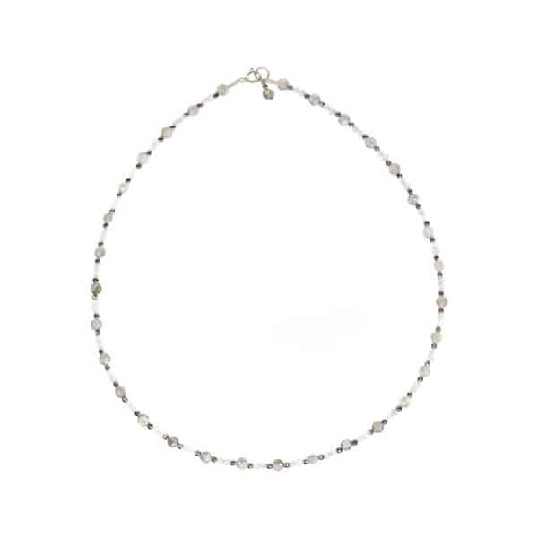 Handmade necklace made of natural, faceted white and grey labradorite and hematite gemstones, in a spherical and round shapes. The necklace has a sterling silver clasp. Buy online shop.