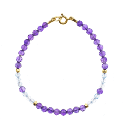 Handmade bracelet made of natural, faceted amethyst and blue topaz gemstones, in a spherical shape. The bracelet has a clasp and decorative elements made from gold plated sterling silver. Buy online shop.