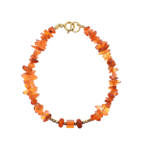 Handmade bracelet made of natural carnelian and pyrite gemstones. The bracelet has a clasp made of gold plated sterling silver. Buy online shop.