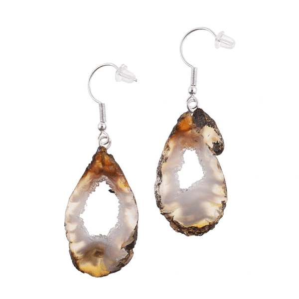 Handmade long earrings made of polished slices of natural brown agate gemstone with crystal quartz and hypoallergenic silver plated metal. Buy online shop.