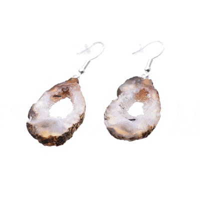 Handmade long earrings made of polished slices of natural brown agate gemstone with crystal quartz and hypoallergenic silver plated metal. Buy online shop.