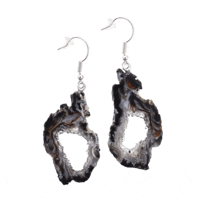 Handmade long earrings made of polished slices of natural black agate gemstone with crystal quartz and hypoallergenic silver plated metal. Buy online shop.