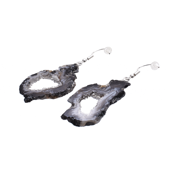 Handmade long earrings made of polished slices of natural black agate gemstone with crystal quartz and hypoallergenic silver plated metal. Buy online shop.