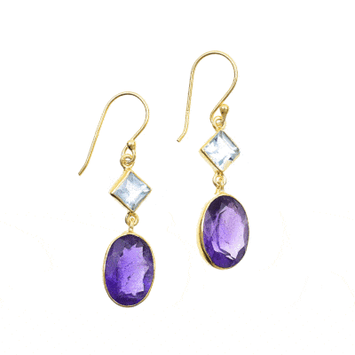 Handmade gold plated sterling silver long earrings with natural Amethyst gemstone in oval shape and Blue Topaz gemstone in rhombus shape. Buy online shop.