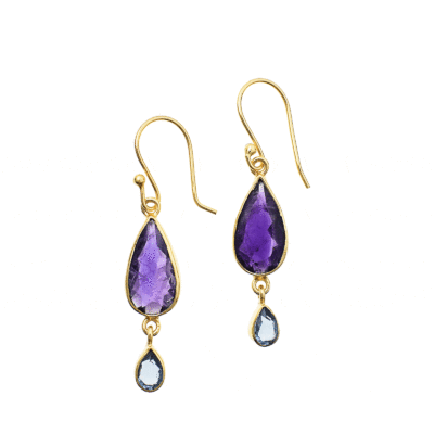 Handmade long gold plated sterling silver earrings with natural teardrop shaped amethyst and blue topaz gemstones. Buy online shop.