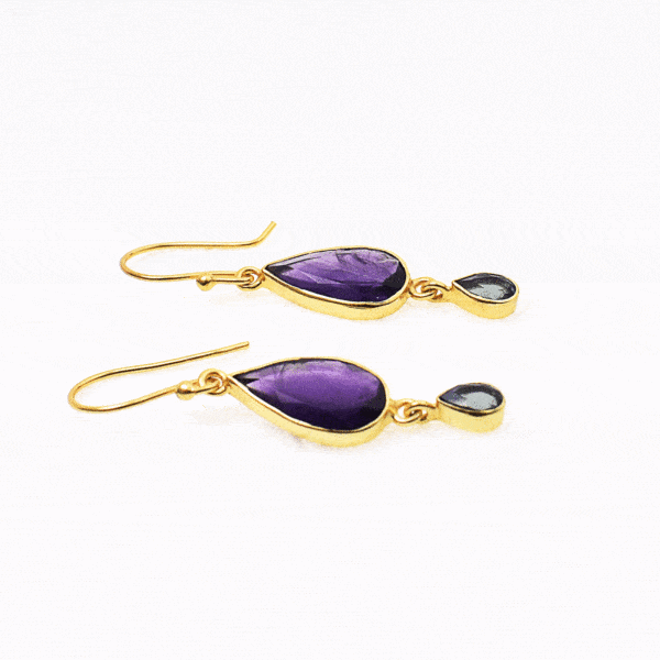 Handmade long gold plated sterling silver earrings with natural teardrop shaped amethyst and blue topaz gemstones. Buy online shop.