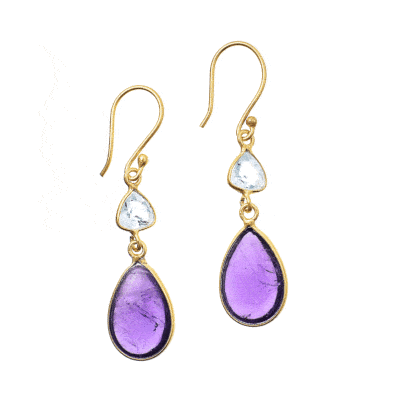 Handmade long gold plated sterling silver earrings with Amethyst natural gemstones in drop shape and blue topaz in triangle shape. Buy online shop.