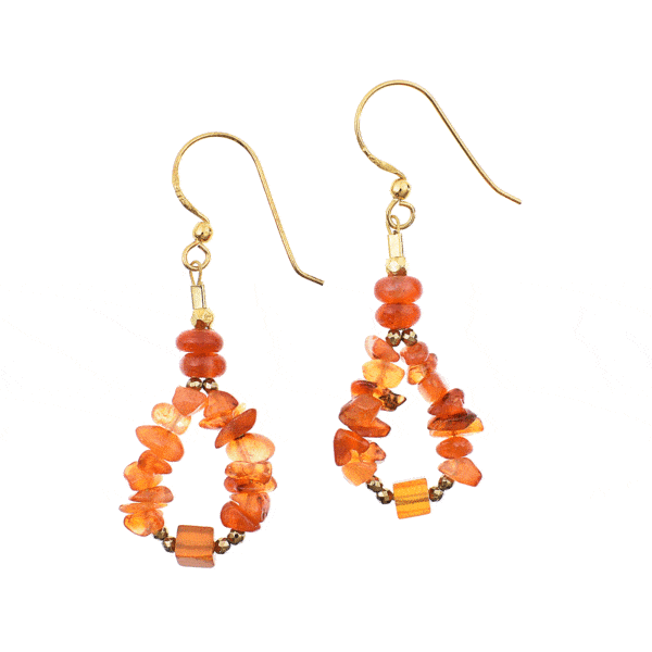 Handmade teardrop shaped earrings made of gold plated sterling silver with natural carnelian gemstones in grommet, irregular & square shape and pyrite in spherical shape respectively. Buy online shop.